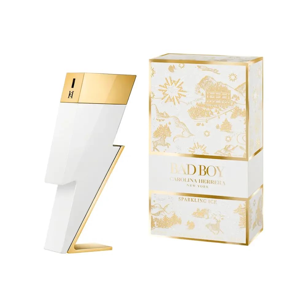 Carolina Herrera Bad Boy Sparkling Ice Collector's Edition bottle with frosted white finish, ideal for winter gifting.