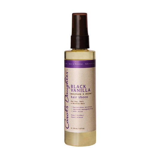 Carol's Daughter Black Vanilla Hair Sheen bottle on a bathroom shelf for daily shine