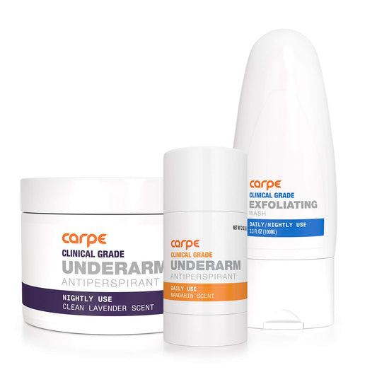 Carpe wipes container for underarm regimen, convenient sweat control