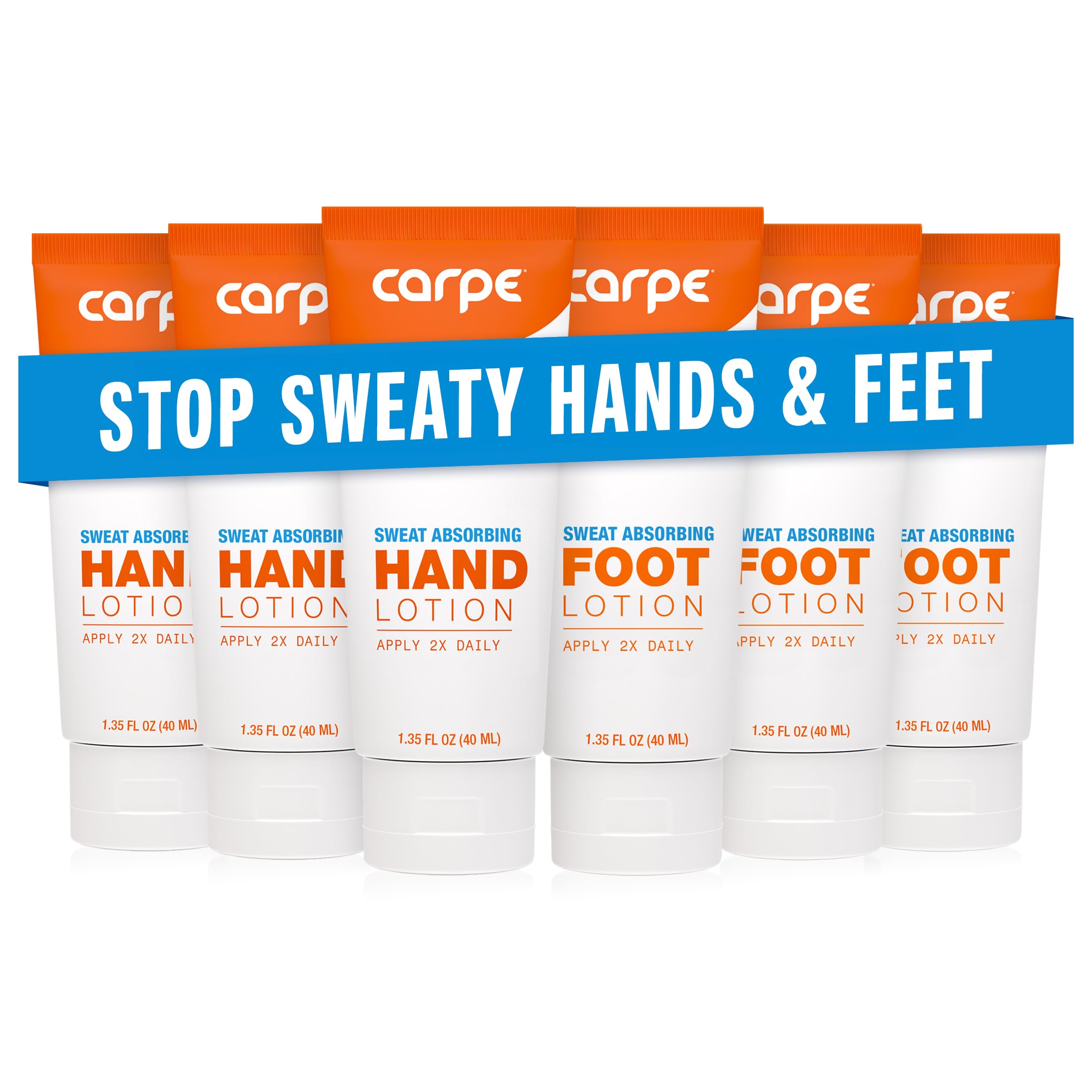 Carpe hand lotion tube close-up highlights fast-absorbing formula for dry hands.