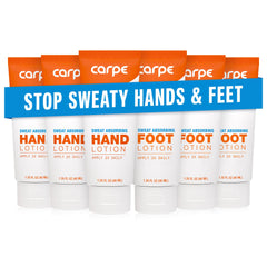 Carpe hand lotion tube close-up highlights fast-absorbing formula for dry hands.