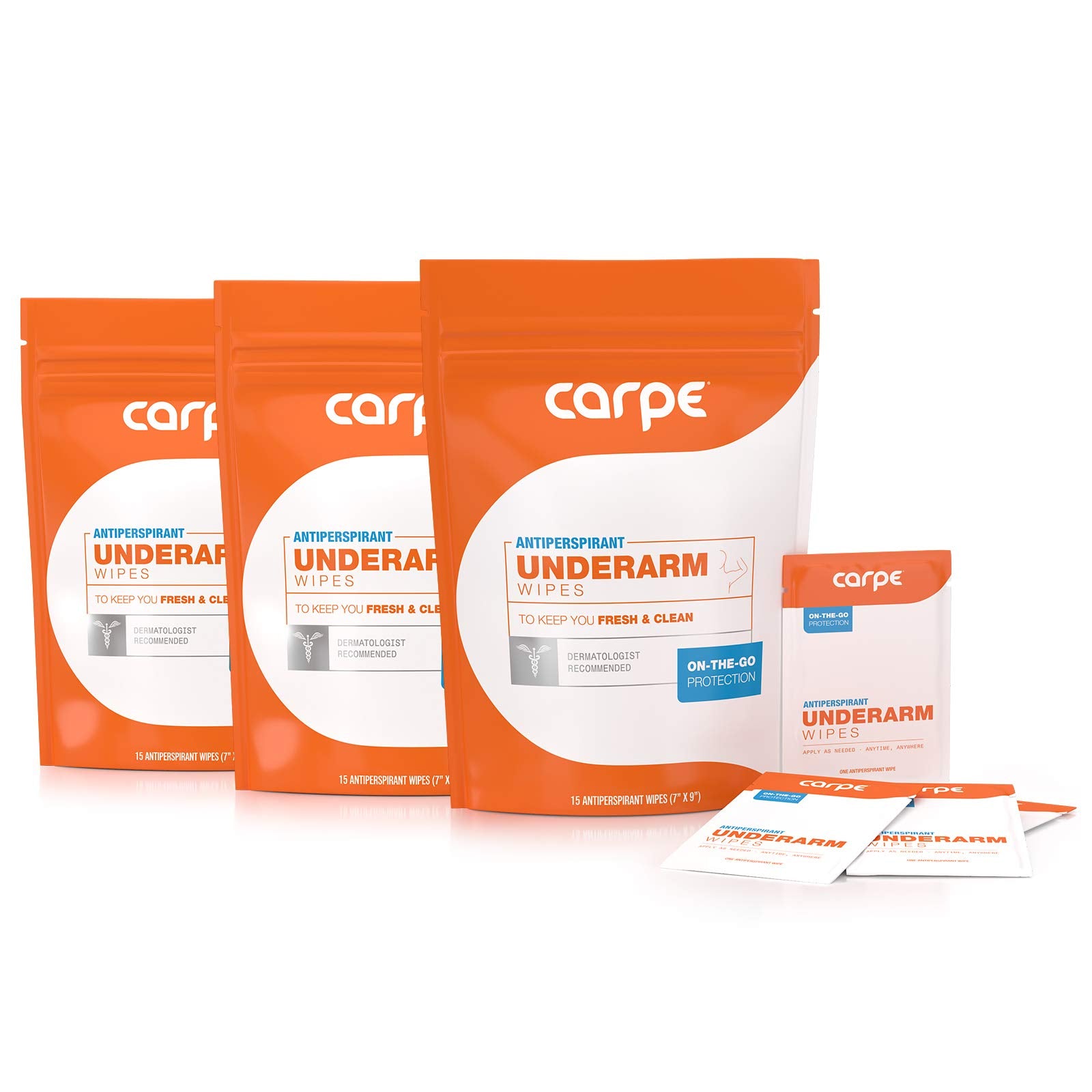 Carpe On-the-Go Wipes three-box pack for on-the-move sweat relief.