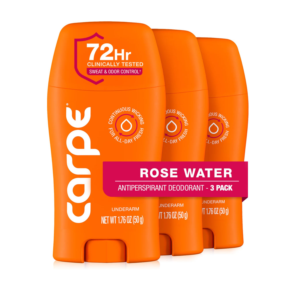 Carpe Rose Water underarm antiperspirant bottle with quick-dry texture for daily comfort.