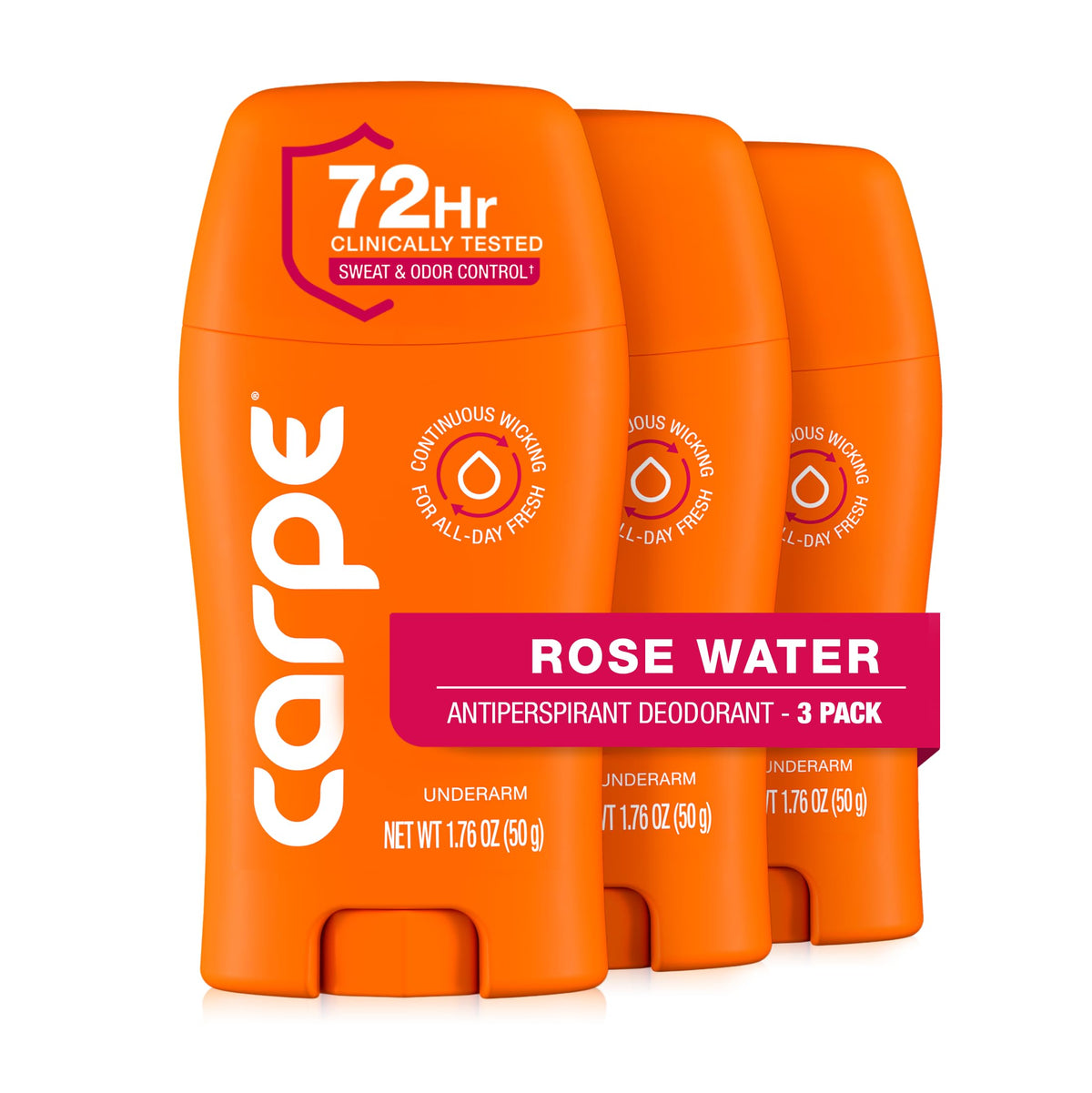 Carpe Rose Water underarm antiperspirant bottle with quick-dry texture for daily comfort.