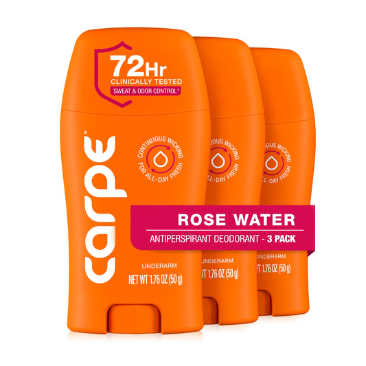Carpe Rose Water underarm antiperspirant bottle with quick-dry texture for daily comfort.