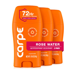 Carpe Rose Water underarm antiperspirant bottle with quick-dry texture for daily comfort.