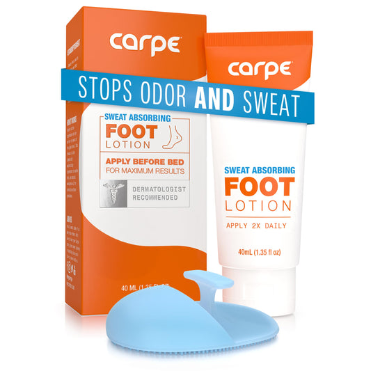 Carpe Sweat Absorbing Foot Lotion bottle with quick-dry formula for dry feet.