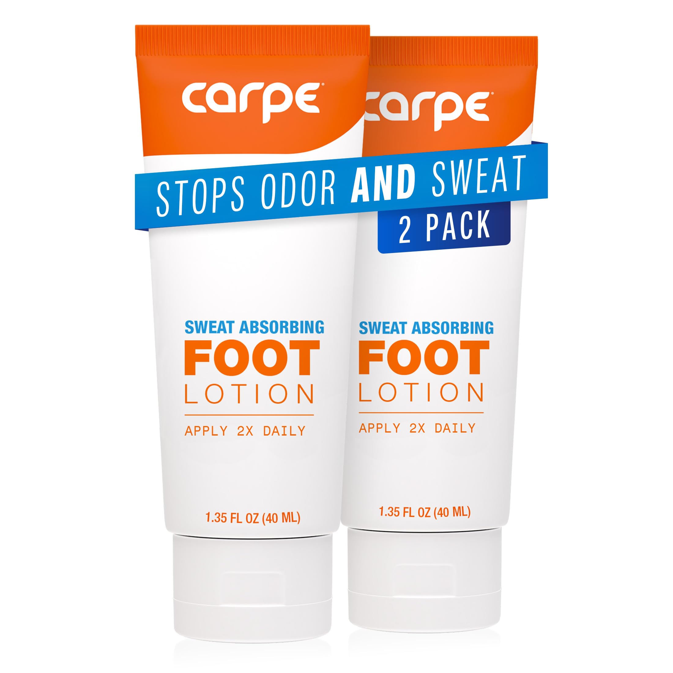 Carpe sweat-absorbing foot lotion two-pack, front view, promotes dry, refreshed feet.