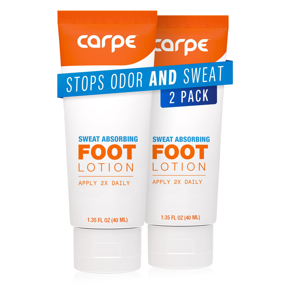 Carpe sweat-absorbing foot lotion two-pack, front view, promotes dry, refreshed feet.