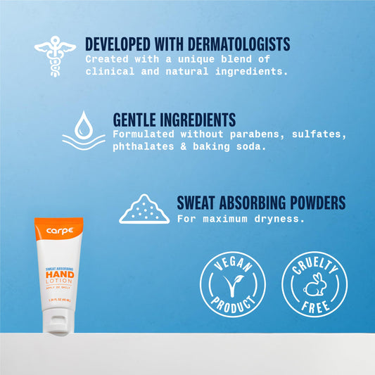Carpe Sweat Absorbing Hand Lotion application close-up demonstrates pea-sized amount use.