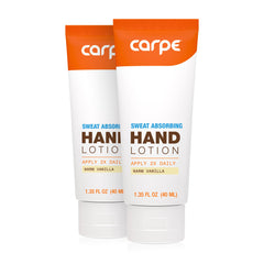 Carpe sweat-absorbing hand lotion bottle in two-pack on display