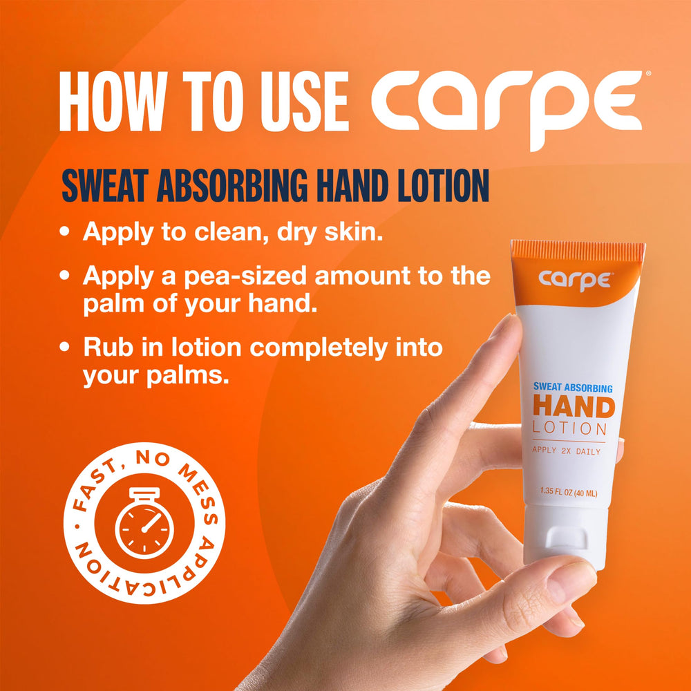 Carpe Sweat Absorbing Hand Lotion dermatologist-tested badge signals skin-friendly formula.