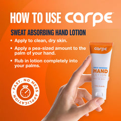 Carpe Sweat Absorbing Hand Lotion dermatologist-tested badge signals skin-friendly formula.