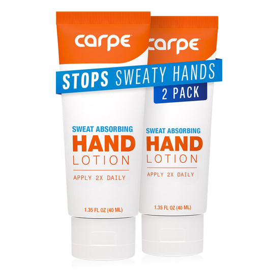 Carpe Sweat Absorbing Hand Lotion pack image shows a two-pack for dry hands.