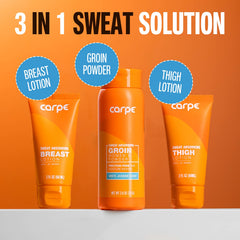 Carpe thigh chafe powder applied on inner thighs reduces moisture and friction