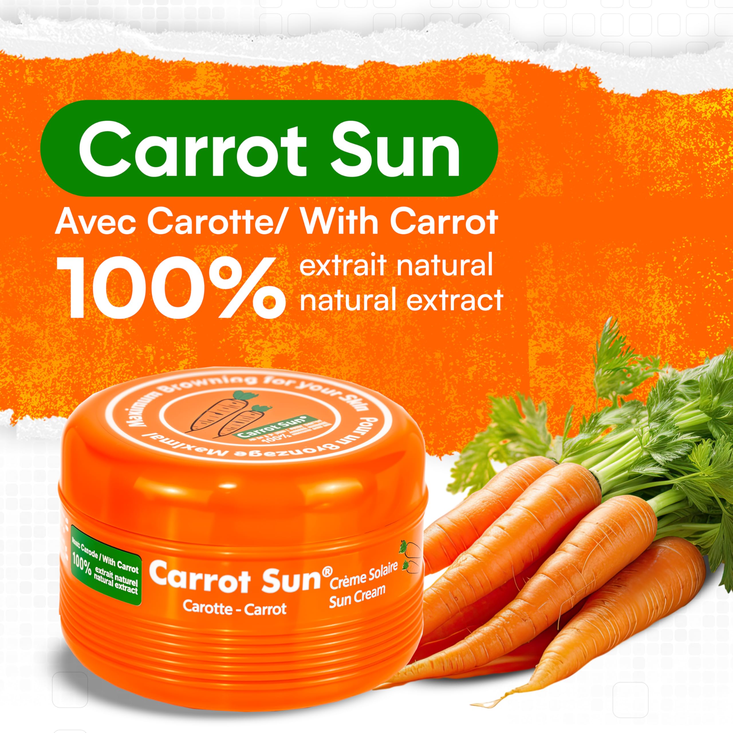 Carrot Sun on-beach scene shows a sun-ready glow with hydration.