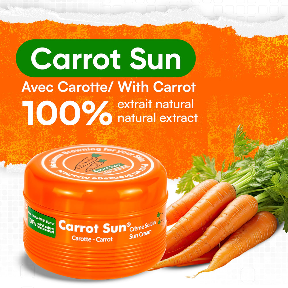 Carrot Sun on-beach scene shows a sun-ready glow with hydration.