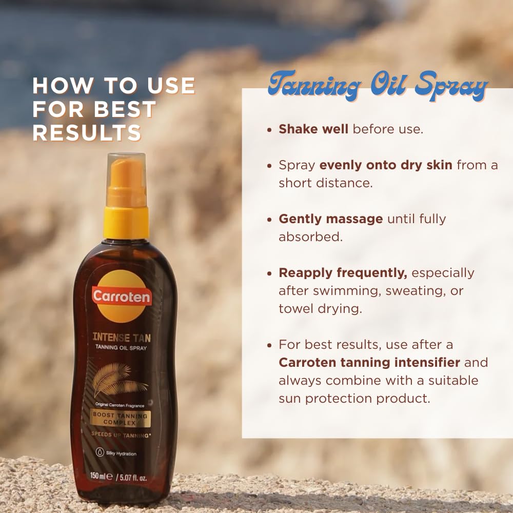 Carroten Intensive Tanning Oil Spray bottle side view, detailed packaging
