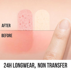 Matte finish swatch reducing shine across cheeks.