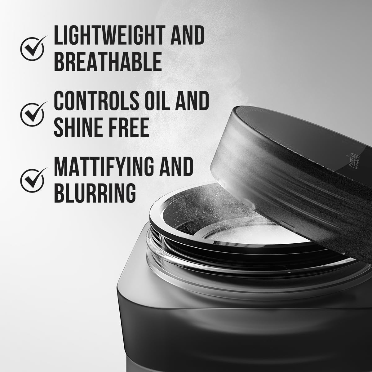 Mesh sifter enables mess-free application and precise dosing.