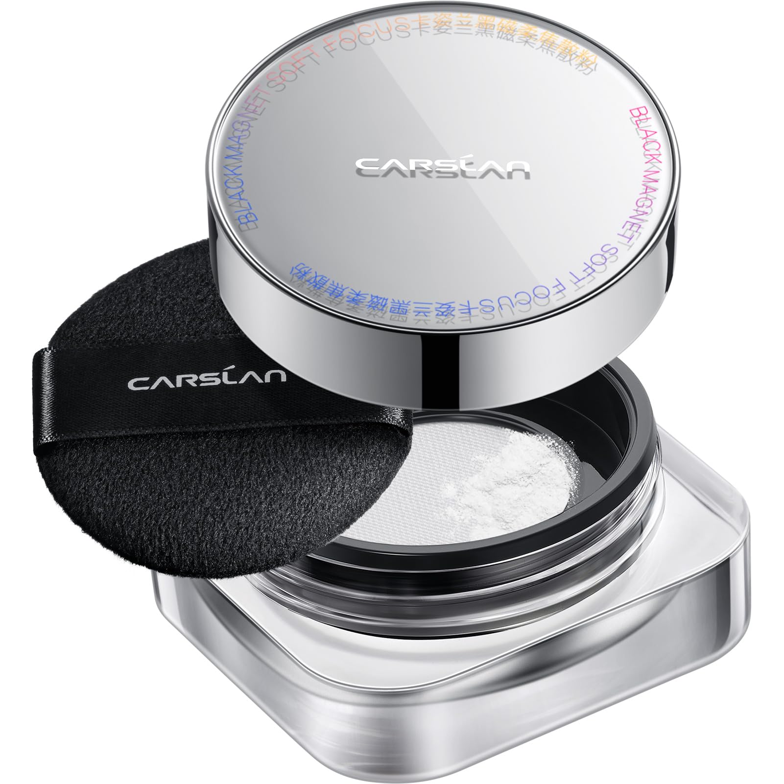 CARSLAN 1.0 soft focus loose setting powder close-up showing mesh sifter for mess-free application.