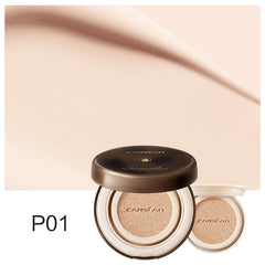 CARSLAN lasting air cushion swatch texture shows improved blend for uneven skin.