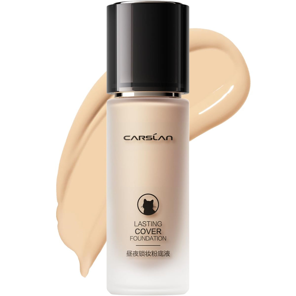 CARSLAN Lasting Cover Foundation bottle with pump shows easy, mess-free application for long wear.