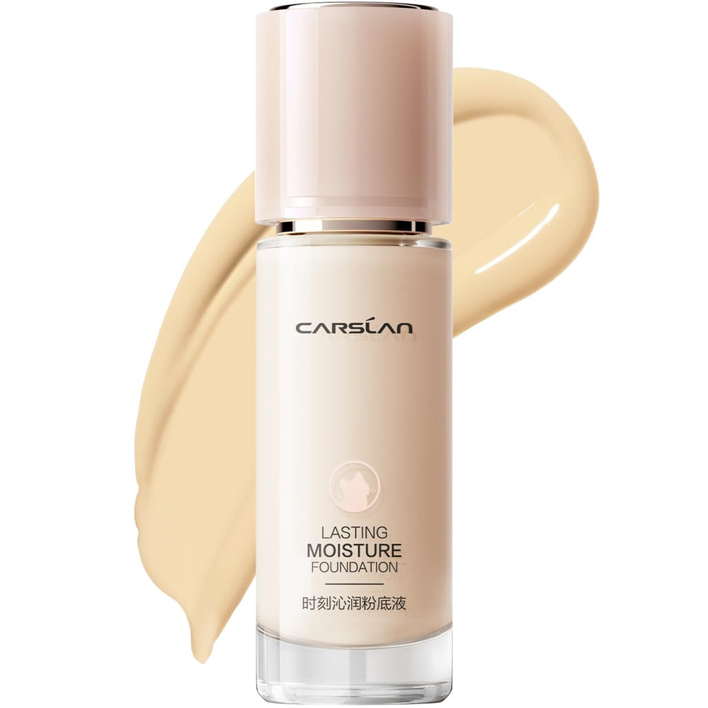 CARSLAN Lasting Moisture Foundation bottle with pump showing long-wearing hydration for all-day glow
