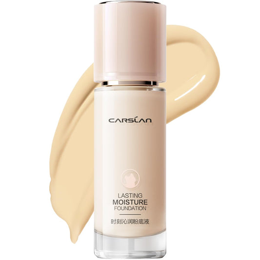 CARSLAN Lasting Moisture Foundation bottle with pump showing long-wearing hydration for all-day glow