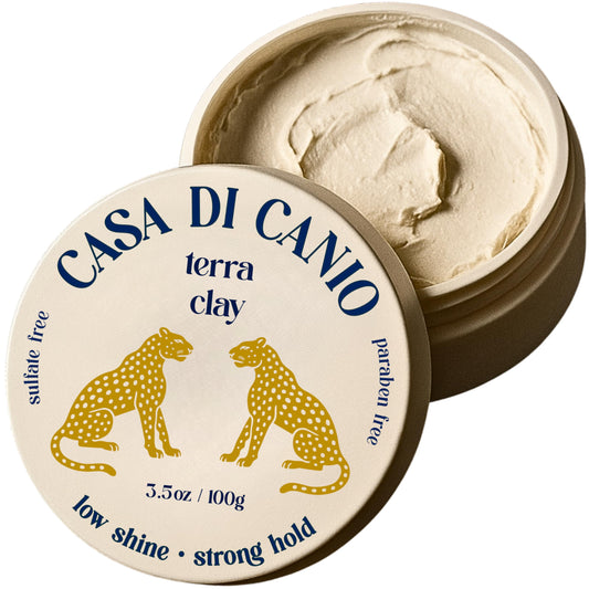 Casa Di Canio Terra Clay jar close-up, fragrance-free styling for all hair types.