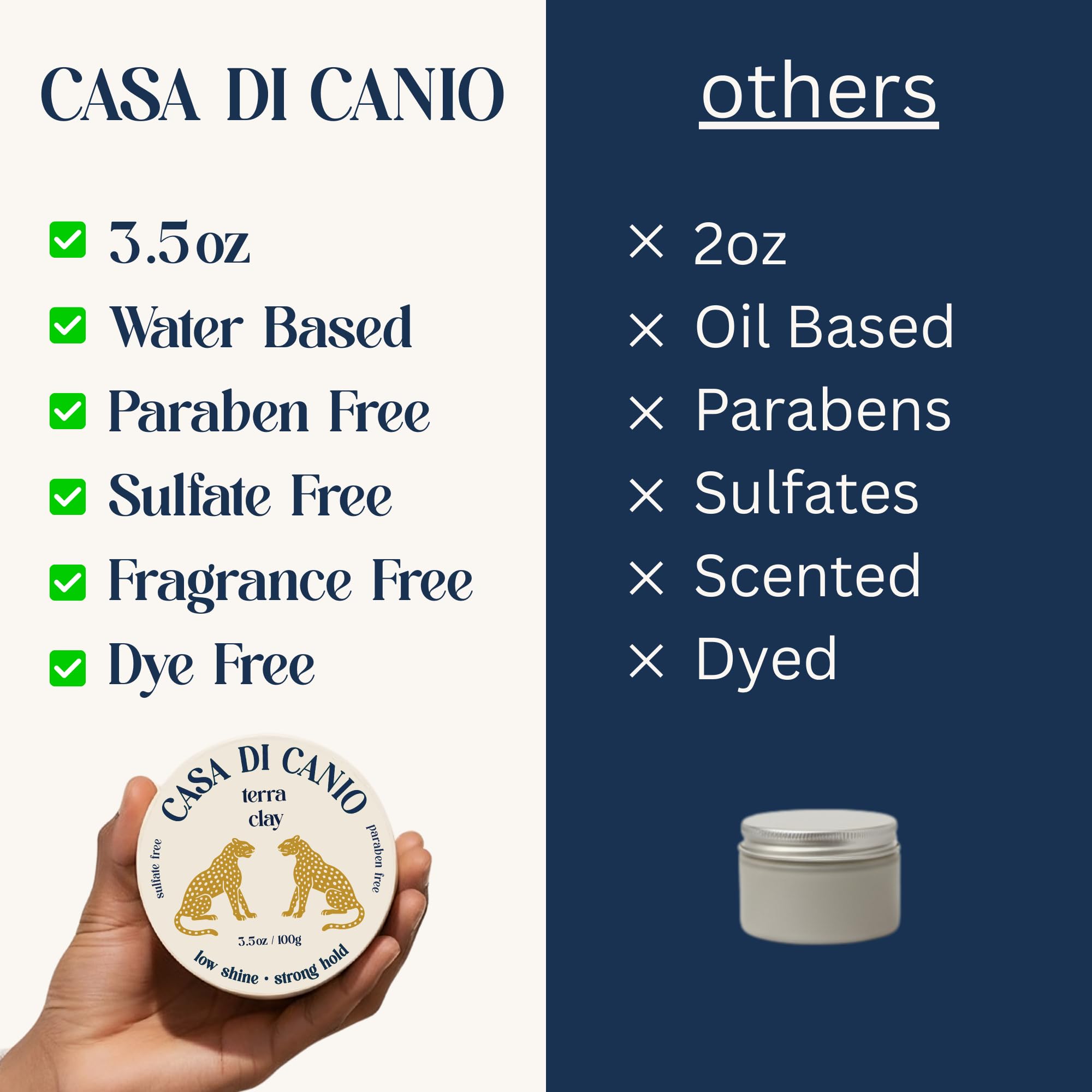 Casa Di Canio Terra Clay container highlights no residue styling.