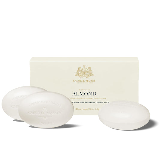 Caswell-Massey almond-scent bar soap gift set close-up triple-milled bars for rich lather.