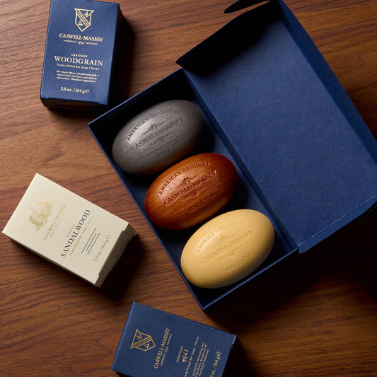 Caswell-Massey Centuries Sandalwood bar close-up with warm, inviting aroma.