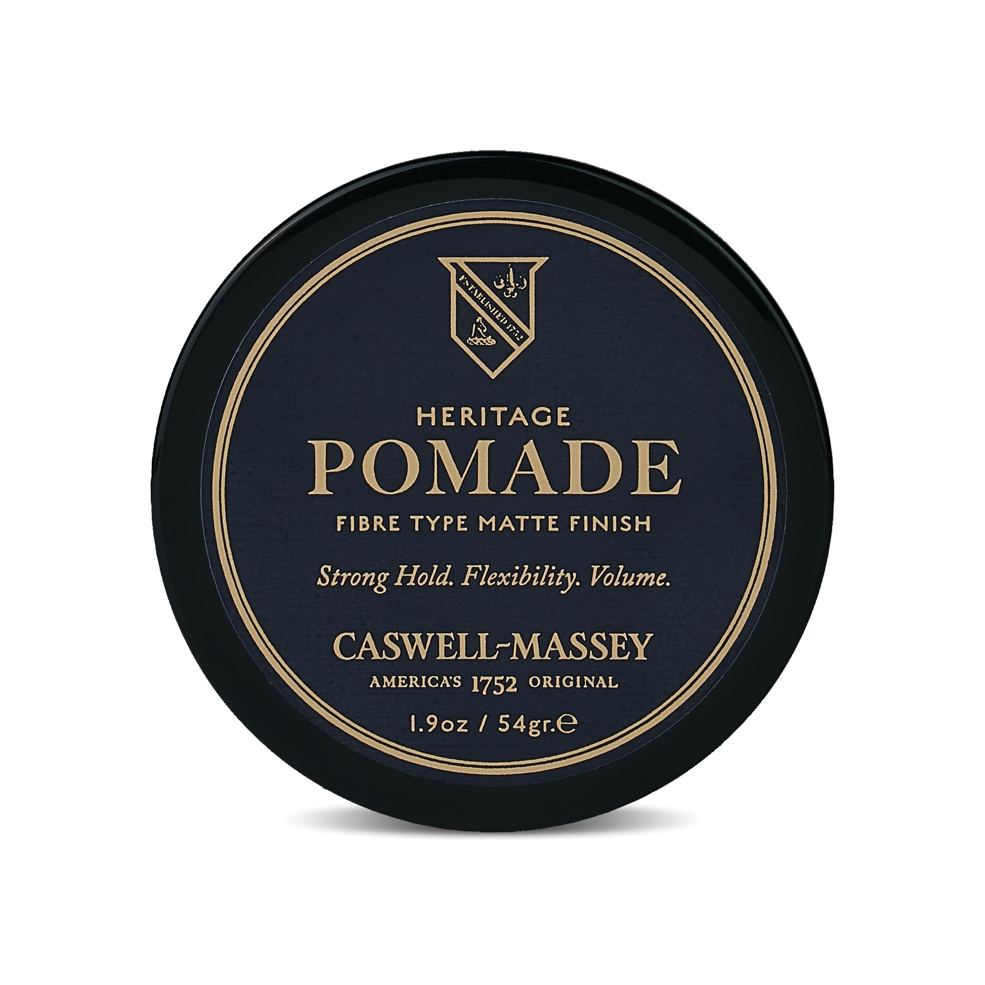 Caswell-Massey Fiber-Style pomade bottle shows natural matte finish for daily styling.