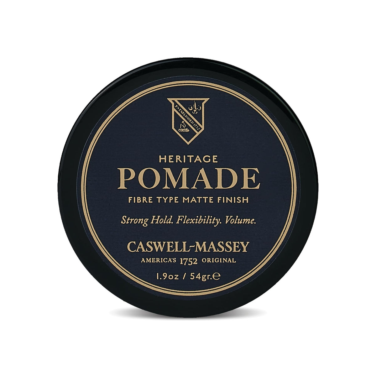 Caswell-Massey Fiber-Style pomade bottle shows natural matte finish for daily styling.