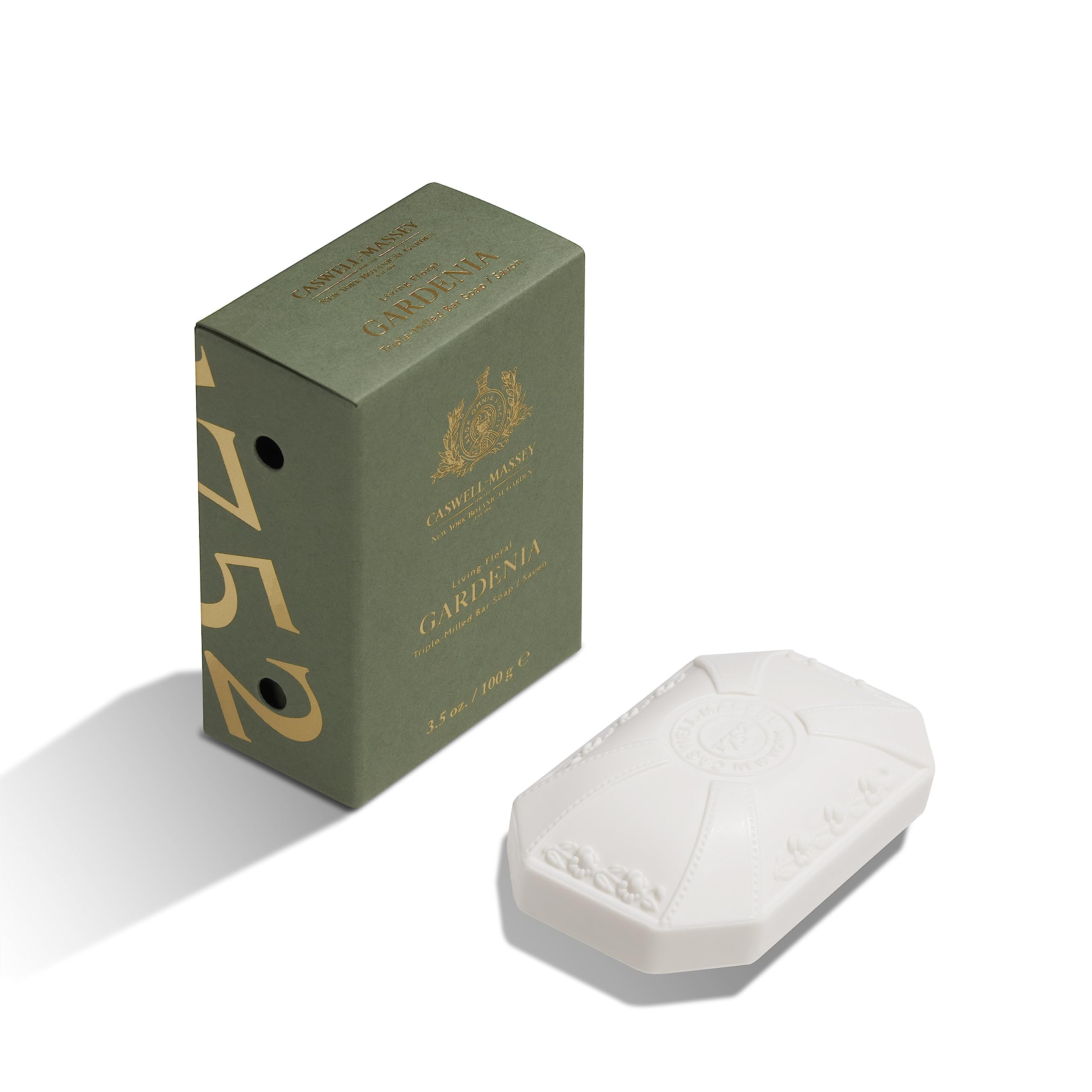 Caswell-Massey Gardenia soap front view shows triple-milled bar with lasting softness