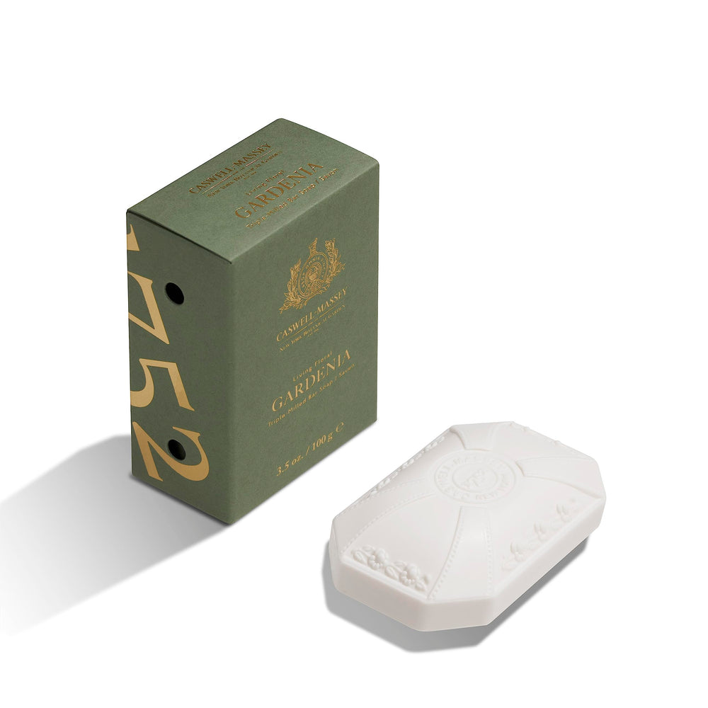 Caswell-Massey Gardenia soap front view shows triple-milled bar with lasting softness