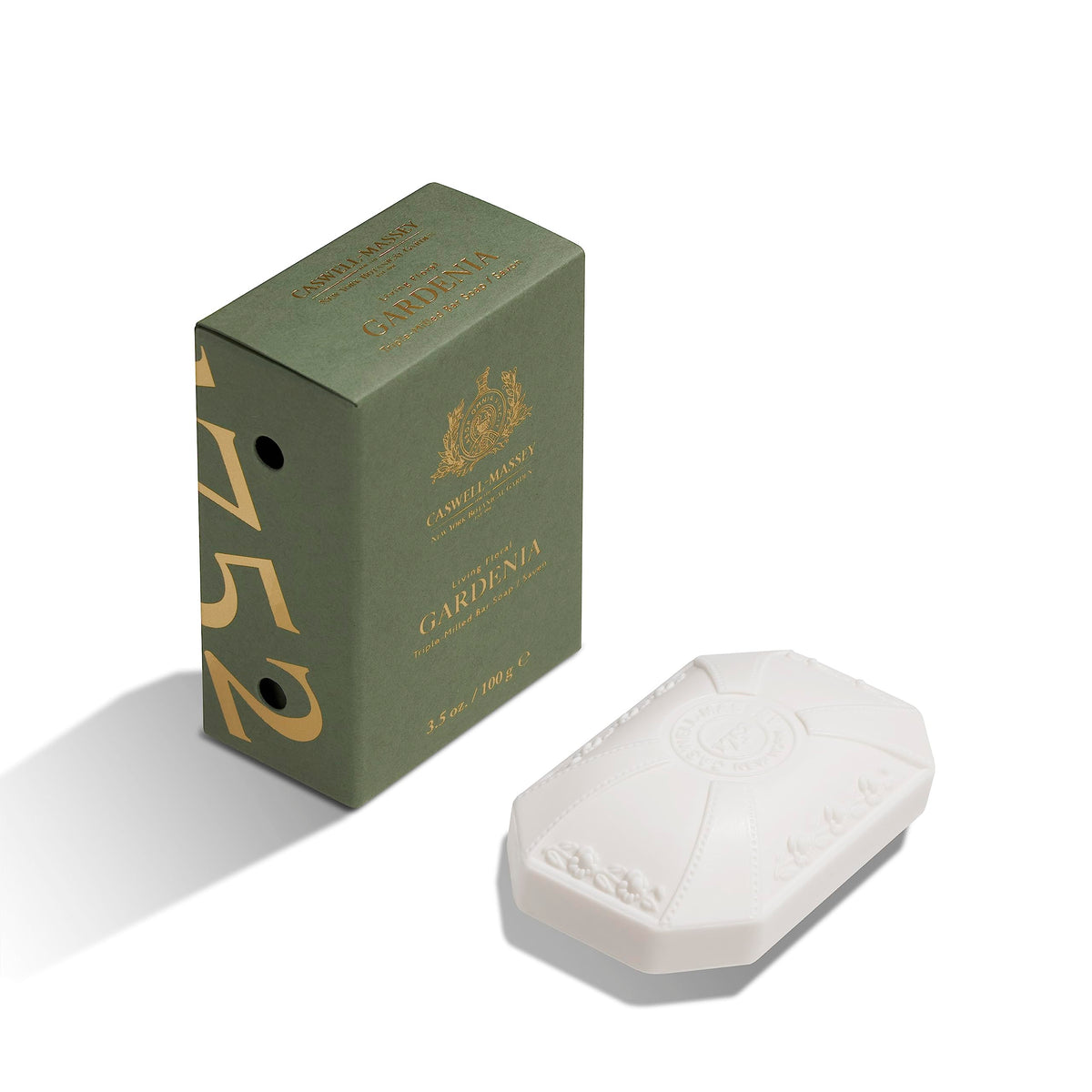 Caswell-Massey Gardenia soap front view shows triple-milled bar with lasting softness