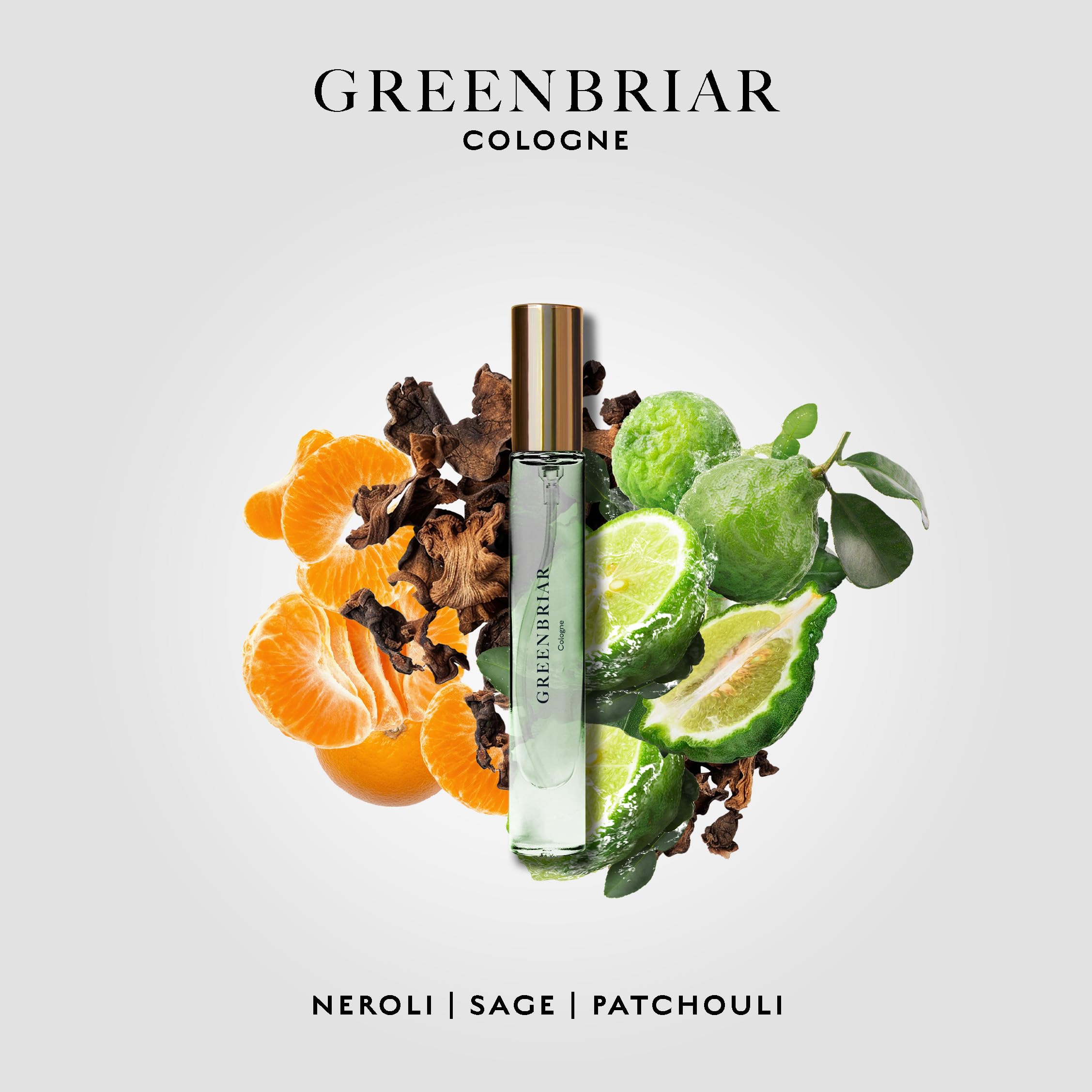 Caswell-Massey Greenbriar Cologne bottle, crisp mandarin and sage for professional polish.
