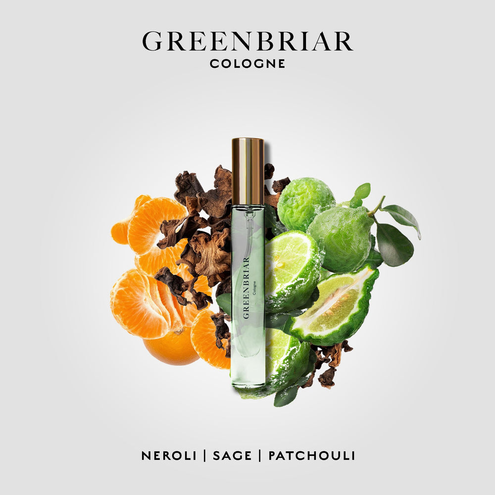 Caswell-Massey Greenbriar Cologne bottle, crisp mandarin and sage for professional polish.