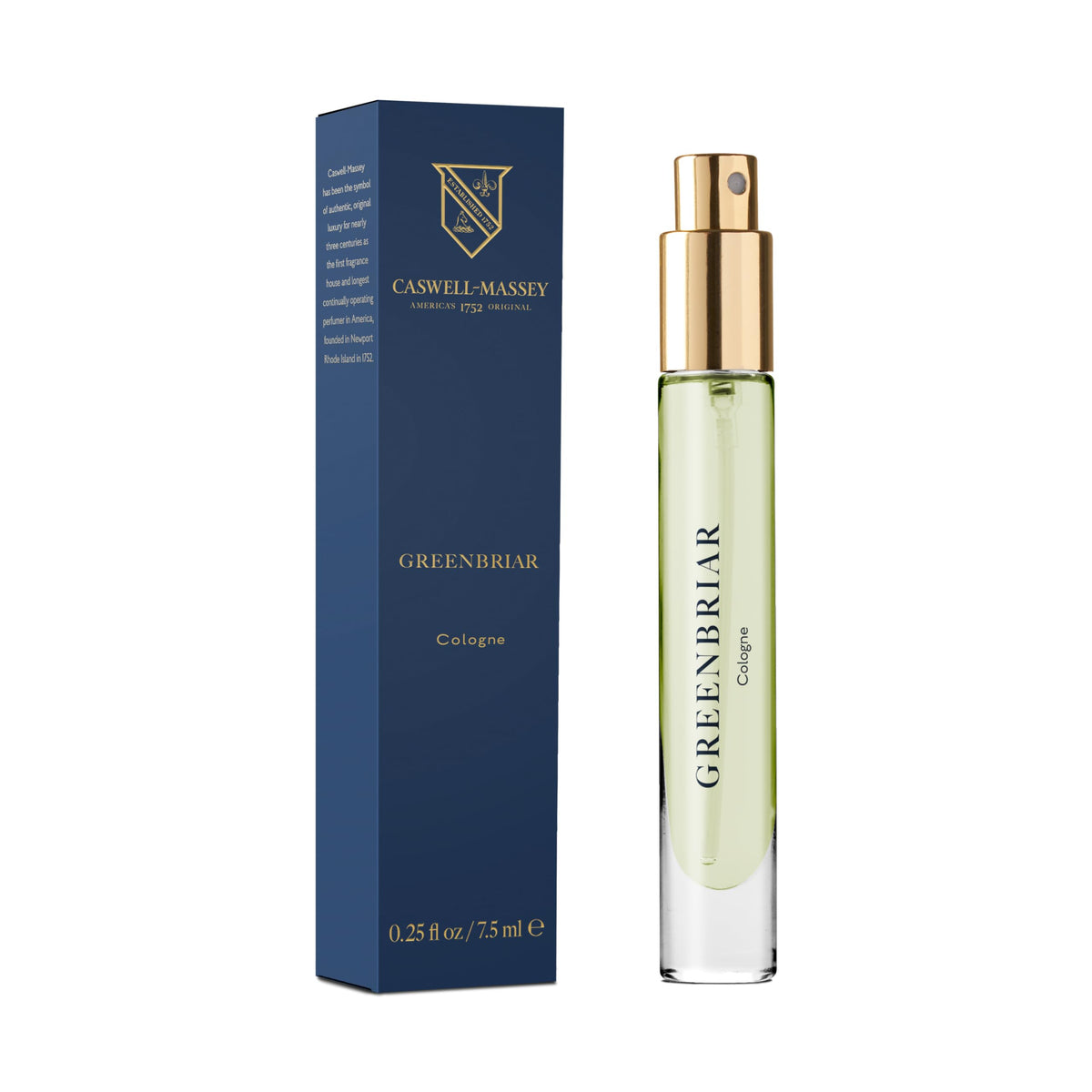 Caswell-Massey Greenbriar travel vial for sampling and on-the-go use.