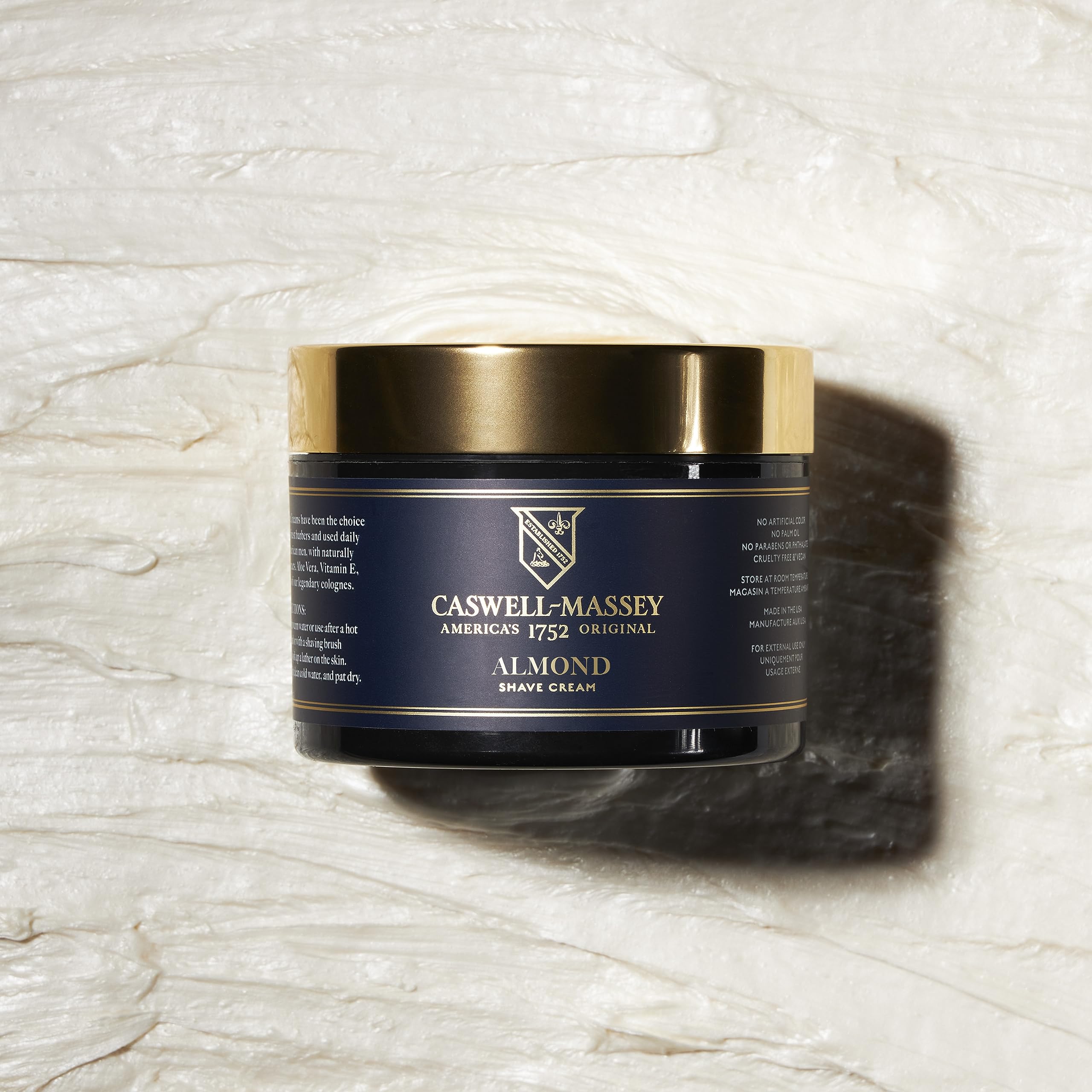 Caswell-Massey Heritage Almond Shave Cream ingredient panel showcases coconut oil base.