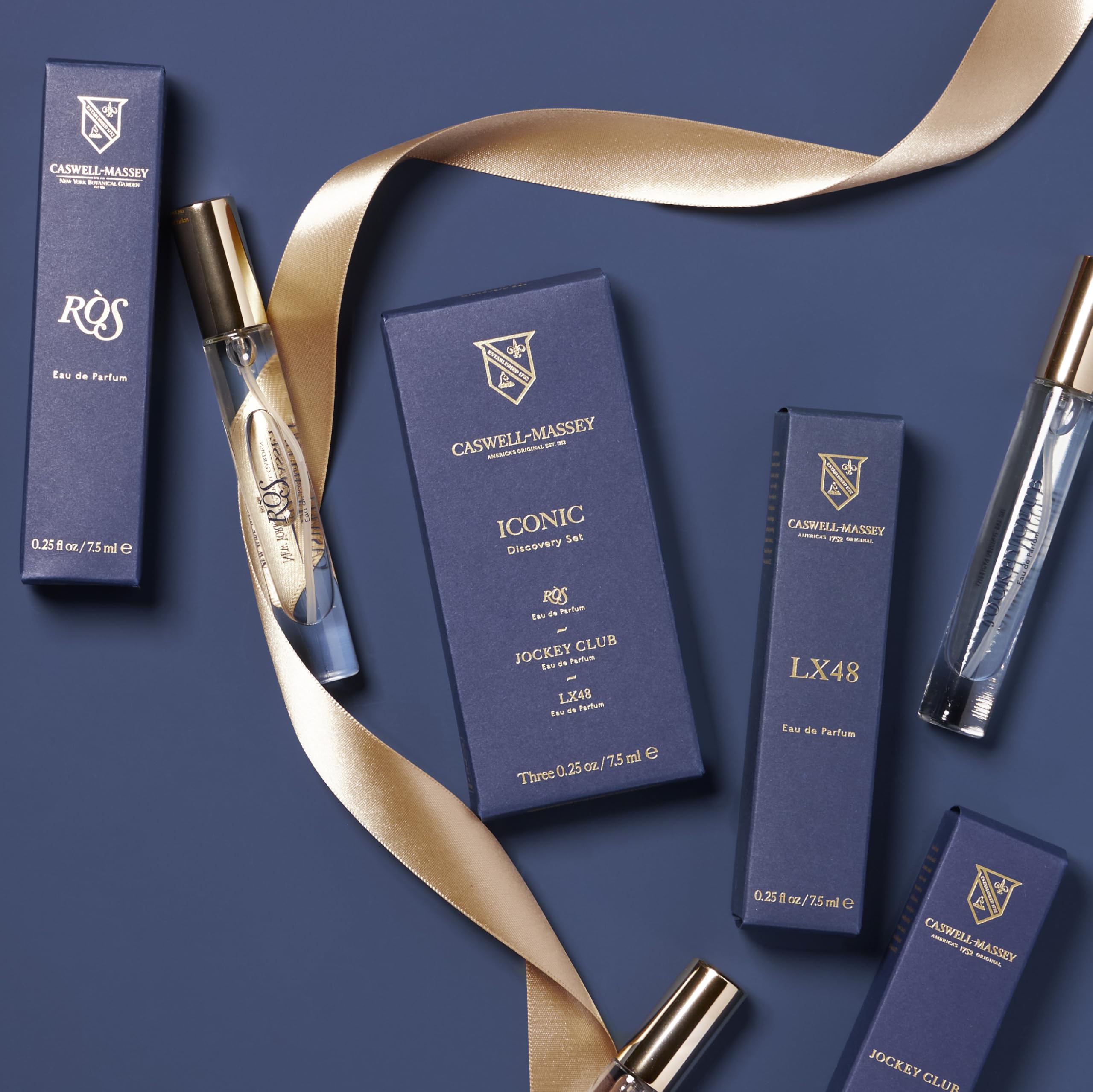 Caswell-Massey Iconic Discovery Set bottles LX48 and RÒS, rich scents for daily wear in any season.