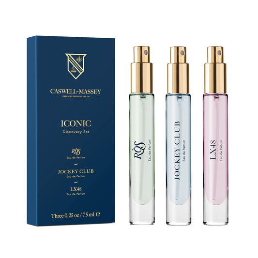 Caswell-Massey Iconic Discovery Set box featuring Jockey Club, ideal for gifting and travel.