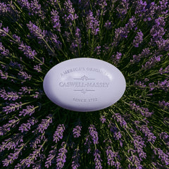 Caswell-Massey Lavender soap hand-washing scene promoting gentle cleansing.