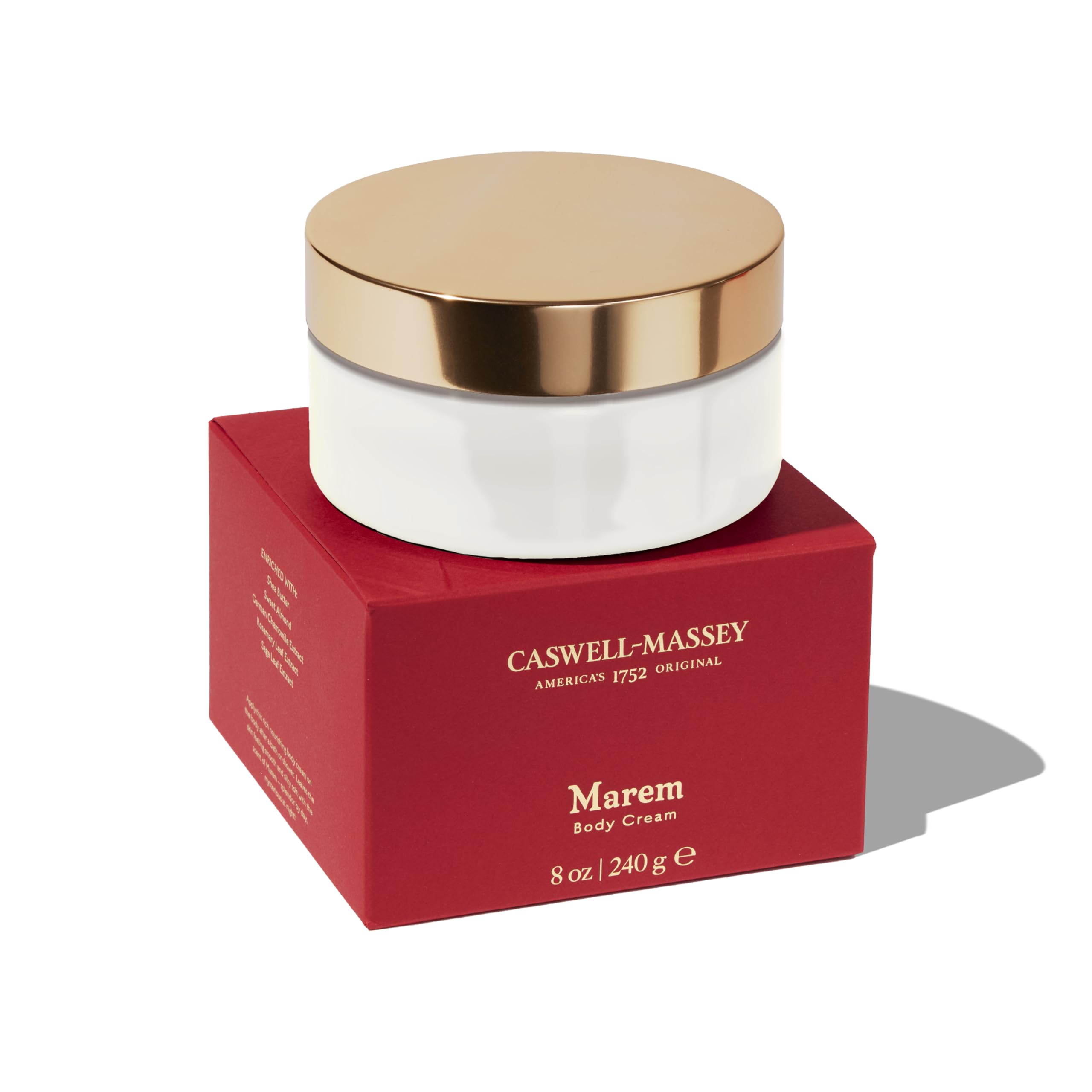 Caswell-Massey Marem Body Cream jar demonstrates velvety hydration for soft skin.