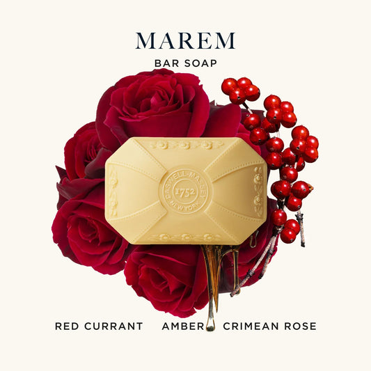 Caswell-Massey Marem three-bar set close-up highlighting triple-milled moisturizing formula.
