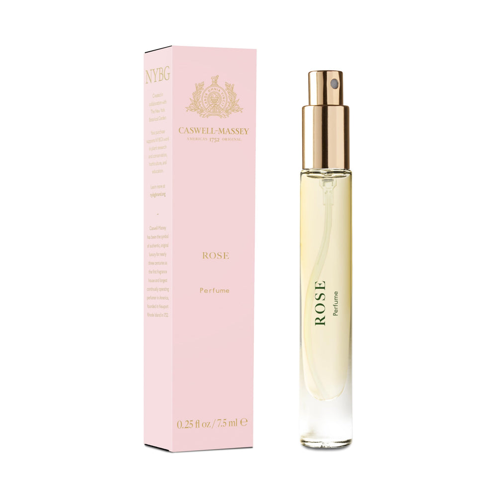 Caswell-Massey Rose Perfume Spray bottle on vanity, ideal for everyday elegance.