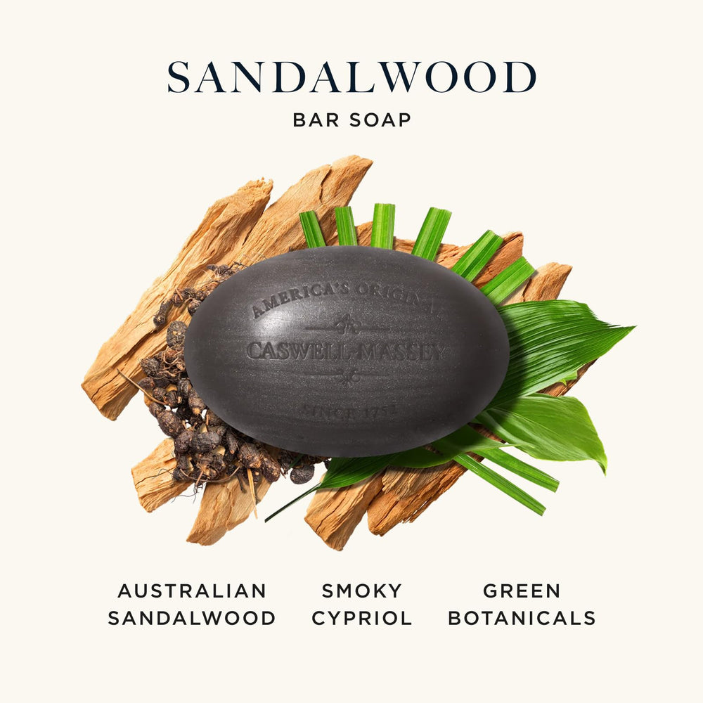 Caswell-Massey sandalwood soap lather demonstrates rich, moisturizing foam for a comforting cleanse.