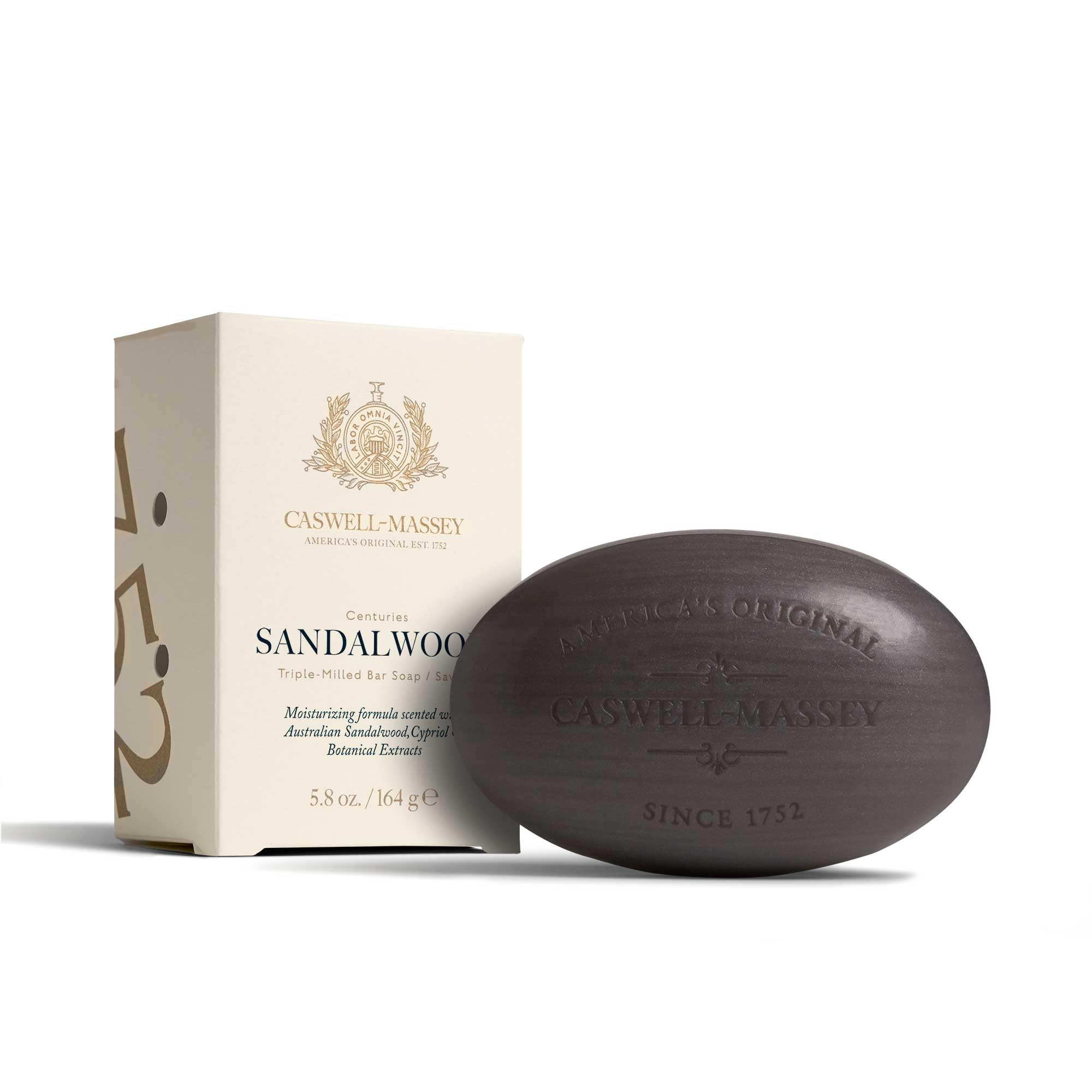 Caswell-Massey sandalwood soap packaging highlights gift-ready presentation.